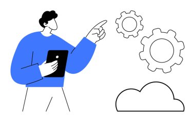 Vitesleri ve bulutları gösteren, tableti tutan, bulut entegrasyonunu öneren, sistem yönetimini, dijital süreçleri. Teknoloji, yenilik, yazılım, bulut hesaplama iş akışı için ideal