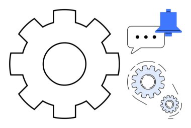 Daha küçük dişlileri, çan simgesi ve konuşma baloncuğu olan büyük dişliler. Takım çalışması için ideal, iletişim, otomasyon, verimlilik, iş akışını uyarıyor. Temiz, düz metafor
