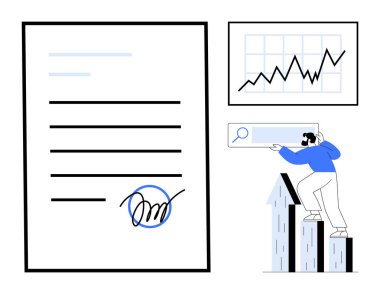 İmzalı kontrat, büyüme çizelgesi, okların üzerinde büyüteçle arama yapan bir birey. İş anlaşmaları için ideal, analitik, kariyer büyümesi, başarı, hedef belirleme, finansal strateji basit düz