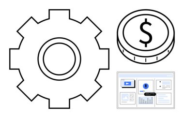 Verimlilik için vites, finans için para ve analitik için torpido gözü. İş, pazarlama, teknoloji, strateji, başlangıç işlemleri yenilik kavramları için idealdir. Basit düz metafor