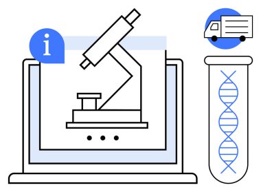 Dizüstü bilgisayarda mikroskop, test tüpünde DNA, teslimat kamyonu. Bilim, genetik, araştırma, teknoloji, çevrimiçi sağlık hizmetleri için ideal. Basit düz metafor