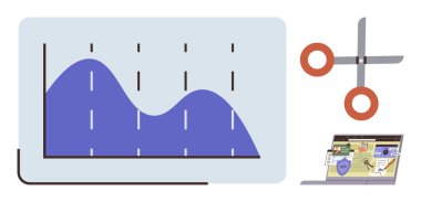 Eğilimli grafikler, kurguyu sembolize eden makas ve harita arayüzlü dizüstü bilgisayar. Veri analizi, coğrafya, kurgu, dijital araçlar, strateji analizleri ve planlama kavramları için idealdir. Basit düz