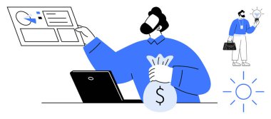 İş adamı analitiği dizüstü bilgisayarla değerlendiriyor, elinde para çantası var. Ampullü ve güneşli bir fikir metaforu. Finans, yenilik, iş büyümesi, yatırım, strateji, girişimcilik için ideal