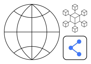 Şekillendirilmiş küre, birbirine bağlı küpler ağı ve bir bağlantı simgesi. İletişim, ağ oluşturma, küresel erişim, teknoloji, engelleme zinciri, veri paylaşımı için ideal