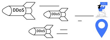 Bir hedefe yönelik DDoS etiketli füzeler, bir kişi kodlaması ve bir adres işaretiyle eşleştirildi. Ağ güvenliği, siber suç, hackleme, çevrimiçi tehditler, bilişim savunması, sistem aşırı yüklenmesi için ideal