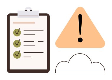 Yeşil işaretli kontrol listesi, üçgen uyarı işareti ve bulut çizgisi. Üretkenlik, görevler, alarmlar, planlama, risk yönetimi depolama sorumluluğu için idealdir. Basit düz metafor