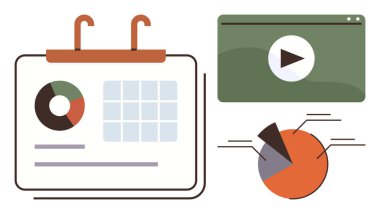Grafikli takvim, video oynatıcı, pasta grafiği. Proje planlaması, analitik, programlama, içerik oluşturma, veri içgörüleri dijital pazarlama ekibi çalışması için ideal. Basit düz metafor