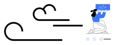 Kadın, doğrusal bulut grafiklerinin yanında kod arayüzü tutarken diz çöküyor. Teknoloji, yenilik, programlama, web geliştirme, bulut hesaplama, öğrenme, eğitim, basit iniş için ideal