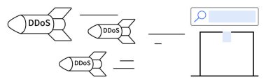 DDoS etiketli uçan füzeler bir sunucunun üstündeki arama çubuğunu hedef alıyor. Siber güvenlik riskleri, çevrimiçi tehditler, dağıtılmış servis reddi, dijital koruma, ağ hataları, bilişim
