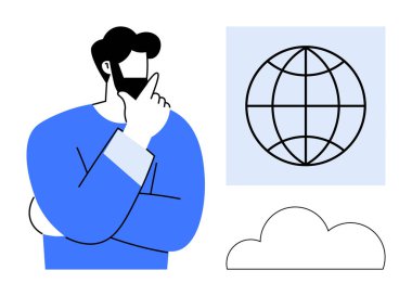 Dünya ve bulutun yanında elleri çenesinde düşünen bir adam. Küresel düşünce, düşünce, karar verme, yenilik, strateji, beyin fırtınası, yaratıcılık için ideal. Minimalist düz metafor