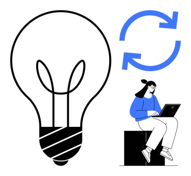 Fikirleri sembolize eden dev ampul, dizüstü bilgisayarda çalışan insan ve süreklilik için dairesel oklar. Yenilik, üretkenlik, takım çalışması, beyin fırtınası, büyüme, adaptasyon öğrenimi için ideal
