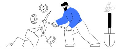 Kazma kullanarak madeni para çıkaran adam kayalardan farklı para birimlerini temsil ediyor. Yakınlarda buharlı bir kürek. Engelleme zinciri, kripto para birimi, finans, yatırım, madencilik, ekonomi işleri için ideal. Basit.