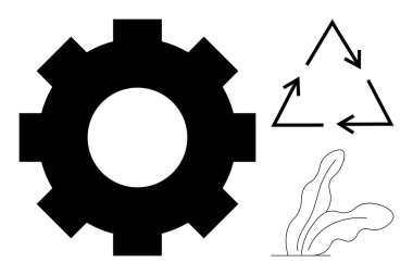 Endüstriyel süreçleri, sürdürülebilirlik için geri dönüşüm ikonunu ve doğa için bir bitkiyi sembolize eder. Konu başlıkları için ideal ekolojik yenilik, geri dönüşüm, imalat, yeşil sanayi, ekoloji