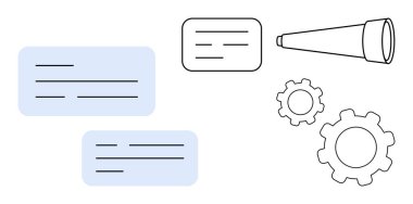 İçerik için metin kutuları, işbirliğini sembolize eden vitesler, görüş ve strateji için teleskop. Yaratıcılık, takım çalışması, ilerleme, iş planlaması, hedef belirleme, yenilik için ideal