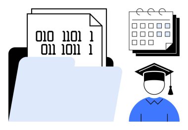 Open file folder with binary code document, calendar, and graduate icon symbolizing research, e-learning, coding, planning, deadlines, organization and knowledge. Ideal for education scheduling clipart svg vector 