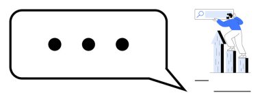 Elips içeren konuşma balonu, çubuk grafik arama çubuğunda duran kişi, iletişimi sembolize ediyor, veri büyümesi, ilerleme, çözüm arayışı, keşif, takım çalışması, basit düz metafor