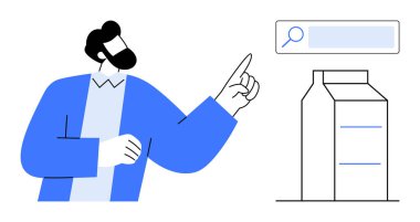 Mavi gömlekli kişi, arama çubuğunu bir konteynırın üstünde gösteriyor. Keşfi, organizasyonu ve veri aramasını sembolize ediyor. İş, teknoloji, e-ticaret, planlama, yenilik araştırması için ideal basit