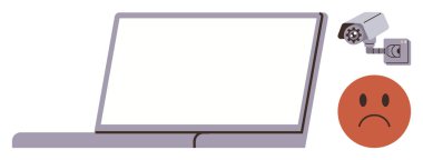 Görünür CCTV kamerası olan ve güvenlik, veri gizliliği ya da etik kaygıları temsil eden üzgün yüz ifadeli bir dizüstü bilgisayar. Siber güvenlik, gizlilik, gözetim, etik, teknoloji ve koruma için ideal