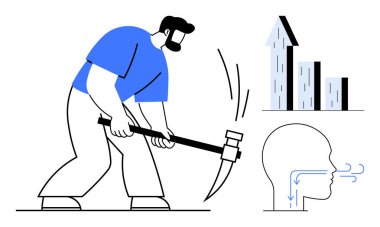 Büyüme grafiği ve düşünceli yüz ikonu yanında kazmayla temel kazan işçiler. Kavramların ideali ilerlemeyi, yeniliği, stratejiyi, verimliliği, zihniyeti, kararlılığı, sade inişi işaret eder