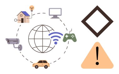 Dünya çapında kablosuz ikonlu ev, ekran, kamera, araba ve oyun denetleyicisi ağı. İOT, bağlantı, yenilik otomasyon akıllı ev dijital teknoloji güvenliği için idealdir. Basit düz metafor