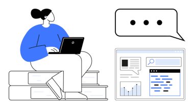 Dizüstü bilgisayarlı, diyalog balonlu ve çizelgeli tarayıcı ekranlı kitapların üzerinde oturan kadın. Eğitim, iletişim, araştırma, uzaktan çalışma, analitik, basit iniş sayfası yazmak için ideal