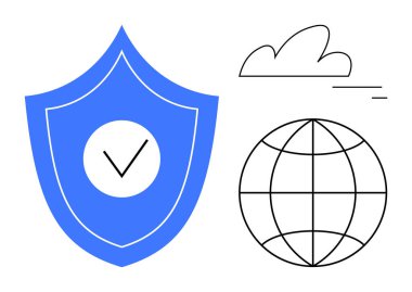 İşaretli mavi kalkan, özetlenmiş küre ve korunma, güven ve teknolojiyi vurgulayan bulut. Güvenlik, küresel bağlantı, bulut depolama, internet güvenliği bilişim hizmetleri güveni için ideal