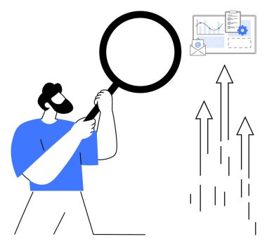 Elinde büyüteç tutan adam analitik gösterge panelini inceliyor, yukarı doğru oklar ilerlemeyi simgeliyor. Büyüme, araştırma, analitik, başarı, strateji, gelişim işleri için ideal. Basit düz