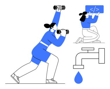 Dambıllarla egzersiz yapan bir kadın, ekranda programlama yapan ve musluktan su damlayan bir kadın. Sağlık, çoklu görev, teknoloji, uygunluk, sürdürülebilirlik, güçlendirme ve basit iniş sayfası için ideal