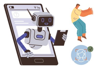 Robot pano, mobil ekrandan çıkıp bir kullanıcıya yardım ediyor. Yüz tanıma, yapay zeka etkileşimi ve kullanıcı bağlantısı görsel. Teknoloji, yenilik, otomasyon, sanal asistanlar için ideal