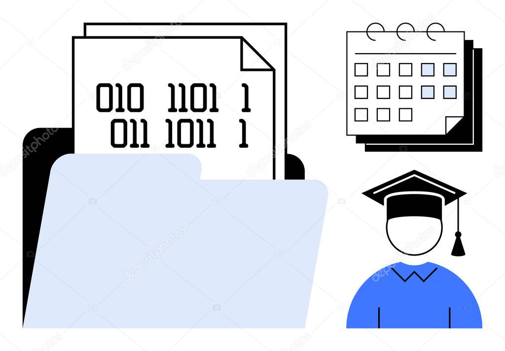 Open file folder with binary code document, calendar, and graduate icon symbolizing research, e-learning, coding, planning, deadlines, organization and knowledge. Ideal for education scheduling stock vector
