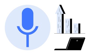 Mavi mikrofon ikonu, yukarı doğru oklu bar tablosu ve ses teknolojisini, veri analizini, büyüme stratejisini, verimliliği, modern teknolojiyi ve yeniliği vurgulayan dizüstü bilgisayar. Yapay zeka uygulamaları için ideal.