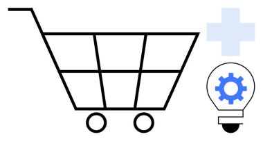 Sağlık hizmetleri, teknoloji ve çevrimiçi bakım çözümlerinde yenilik öneren tıbbi haç ve ampullerle eşleştirilmiş tüketici ürünlerini vurgulayan alışveriş arabası. E-ticaret ve sağlık hizmetleri için ideal