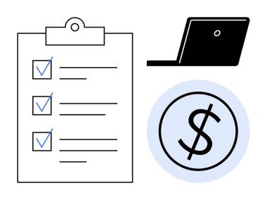 Mavi işaretli, siyah dizüstü bilgisayarlı ve dolar işaretli kontrol listesi. Üretkenlik, organizasyon, finansal planlama, proje yönetimi, bütçe izleme hedef belirleme için idealdir. Basit.