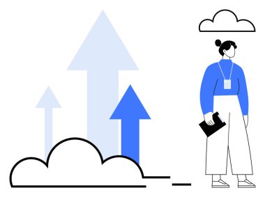 Buluttan yükselen oklar yanında elinde defter tutan bir kadın. Yenilik, büyüme, teknoloji, başarı, bulut hesaplama, başarı, minimalist tasarım için idealdir. Temiz ve basit düz metafor