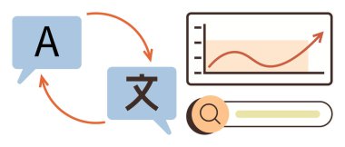 Konuşma baloncukları harflerle diller arasındaki çeviriyi gösteriyor, oklar ilerlemeyi gösteriyor. Veri tablosu ve vurgulayıcı analiz ve arama optimizasyonu. Çeviri ve eğitim için ideal