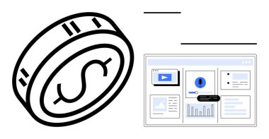Finansal analiz, planlama ve görselleştirme için tabloları, uyarıları ve medya simgelerini gösteren dijital arayüzün yanında dolar parası. Fintech, yatırımlar, bankacılık, pazarlama için ideal