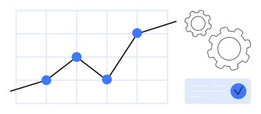 Yukarı doğru bir eğilim gösteren mavi veri noktalı çizgi grafiği, ilerlemeyi sembolize eden iki vites ve bir kart ögesinde kontrol işareti. Analiz, istatistik, iş, strateji ve optimizasyon için ideal