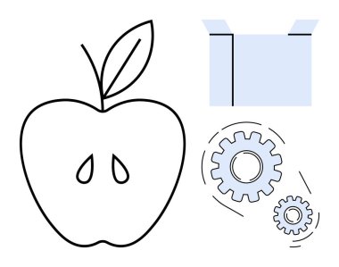 Tohumlu elma, açık karton kutu ve birbirine kenetlenmiş iki vites. Gıda üretimi, ambalaj, tarım, lojistik, sürdürülebilirlik üretimi çevre dostu tasarımlar için idealdir. Basit düz