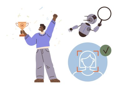 Kutlama için kupa tutan adam, büyüteçle analiz eden robot kol, onaylanmış yüz tanıma ikonu. AI, teknoloji, yenilik, başarı, analitik, kimlik güvenliği için ideal