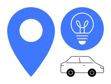 Mavi raptiyeli, dairede ampullü ve araba hatlı. Navigasyon, yenilik, ulaşım, taşınabilirlik, lojistik, fikir paylaşımı için ideal