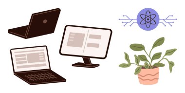 Açık dijital arayüzlü dizüstü bilgisayarlar ve monitörler, yeniliği sembolize eden atom grafiği, büyüme için saksı bitkisi. Teknoloji, yenilik, iş hayatı dengesi, sürdürülebilirlik, eğitim ve modern için ideal