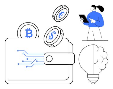 İçinde para ve bozuk para bulunan bir cüzdan tablet kullanan bir kadın ve ampul. Finans, kripto para birimi, engelleme zinciri, teknoloji, fintech, dijital ödemeler için ideal