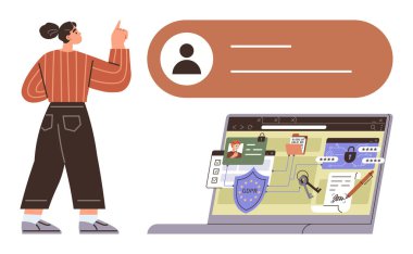 Bilgisayarın üstündeki kullanıcı profiline işaret eden kadın siber güvenlik araçlarını, kimlik doğrulama simgelerini ve gizlilik özelliklerini gösteriyor. Çevrimiçi güvenlik, şifre koruması, dijital güvenlik ve veri erişimi için ideal