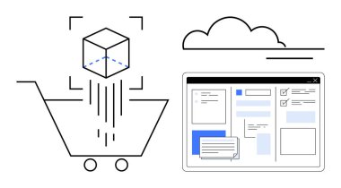 Sanal küp, bulut sembolü ve dijital arayüzü olan alışveriş arabası. E-ticaret, yenilik, bulut tabanlı teknoloji, çevrimiçi alışveriş, dijital yazılım, perakende dönüşüm için ideal basit düz