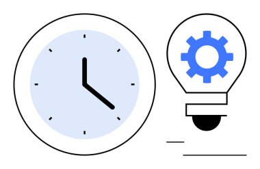 İçinde üretkenliği, verimliliği, yeniliği ve planlamayı sembolize eden içinde dişli bir dişli bulunan ampulün yanındaki cesur elli saat. Zaman yönetimi, yaratıcılık, iş akışı, otomasyon için ideal