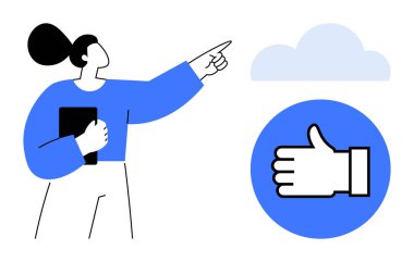 Tablet tutan ve bulut grafiğini işaret eden kadın, başarıyı, hedefleri ve onayı simgeliyor. Takım çalışması, başarı, liderlik, ilham, bulut çözümleri motivasyonu için ideal