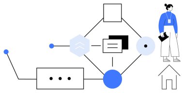 Geometrik şekilleri, çizgileri ve bağlantıları olan soyut akış şeması, minimalist bir insan figürü ve bir ev ikonu ile eşleştirilmiş. Takım çalışması, strateji, süreç tasarımı, analiz, organizasyon için ideal