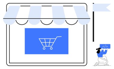 Alışveriş arabası ikonu, bayrak ve dizlerinin üzerine çökmüş geliştirici kodlarıyla basitleştirilmiş mağaza cephesi. E-ticaret, web geliştirme, kullanıcı deneyimi, çevrimiçi mağazalar, dijital pazarlama için ideal