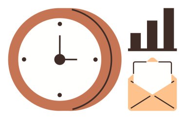 Saat yüzü zamanı, bar çizelgesini ve iletişimi simgeleyen zarfı temsil ediyor. Üretkenlik, planlama, hedef belirleme, iş iletişimi, zamanlama, verimlilik için ideal