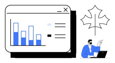 Bilgisayar ekranındaki çubuk grafik, analizi gösteren kişi, soyut yaprak tasarımı. Veri analizi, iş stratejisi, eğitim, araştırma, takım çalışması, yenilik için ideal basit düz metafor